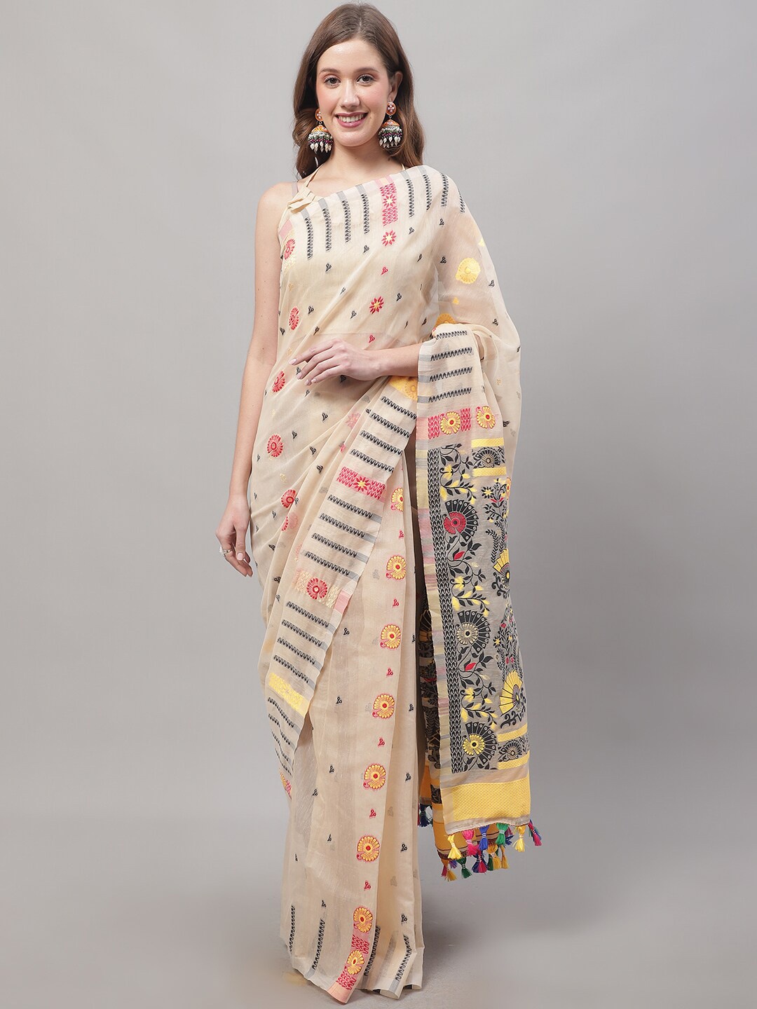 

KALINI Woven Design Jamdani Saree, Beige