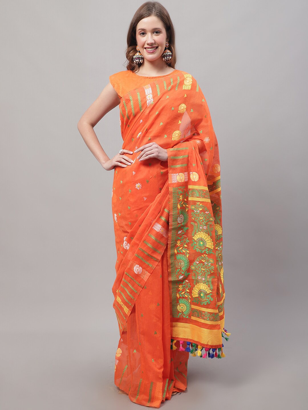 

KALINI Woven Design Jamdani Saree, Orange