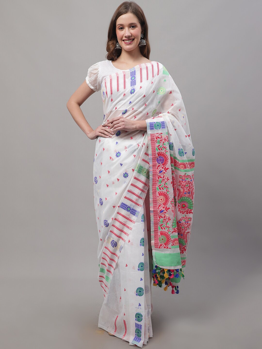 

KALINI Woven Design Jamdani Saree, White
