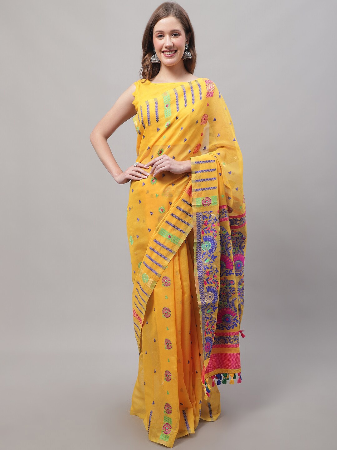 

KALINI Woven Design Jamdani Saree, Yellow