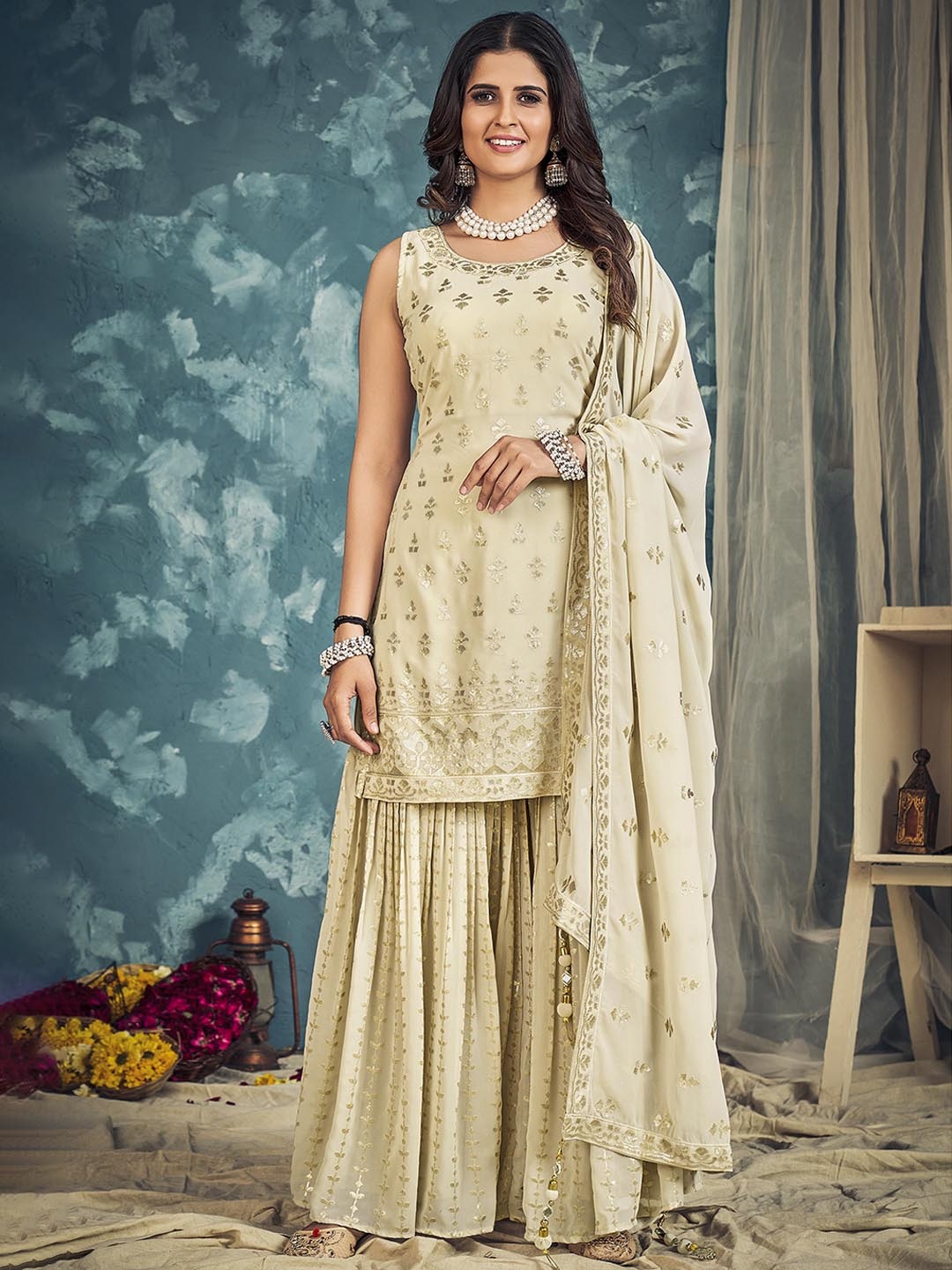 

DRESSTIVE Ethnic Motifs Embroidered Sequinned Kurta & Sharara With Dupatta, Cream