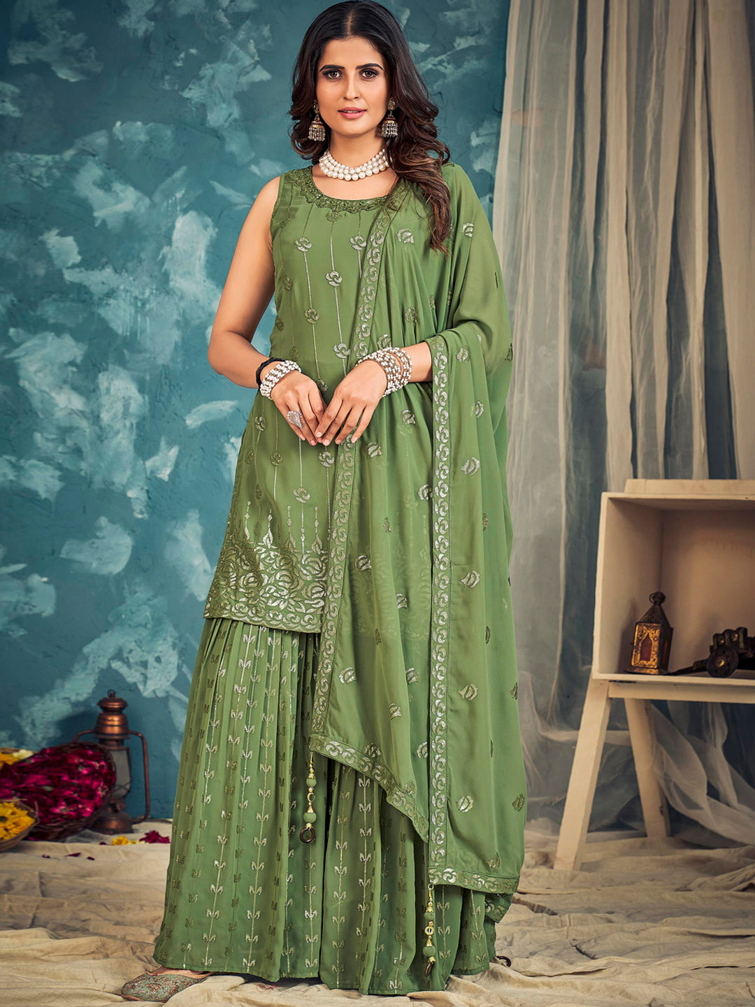 

DRESSTIVE Ethnic Motifs Embroidered Sequinned Kurta & Sharara With Dupatta, Olive