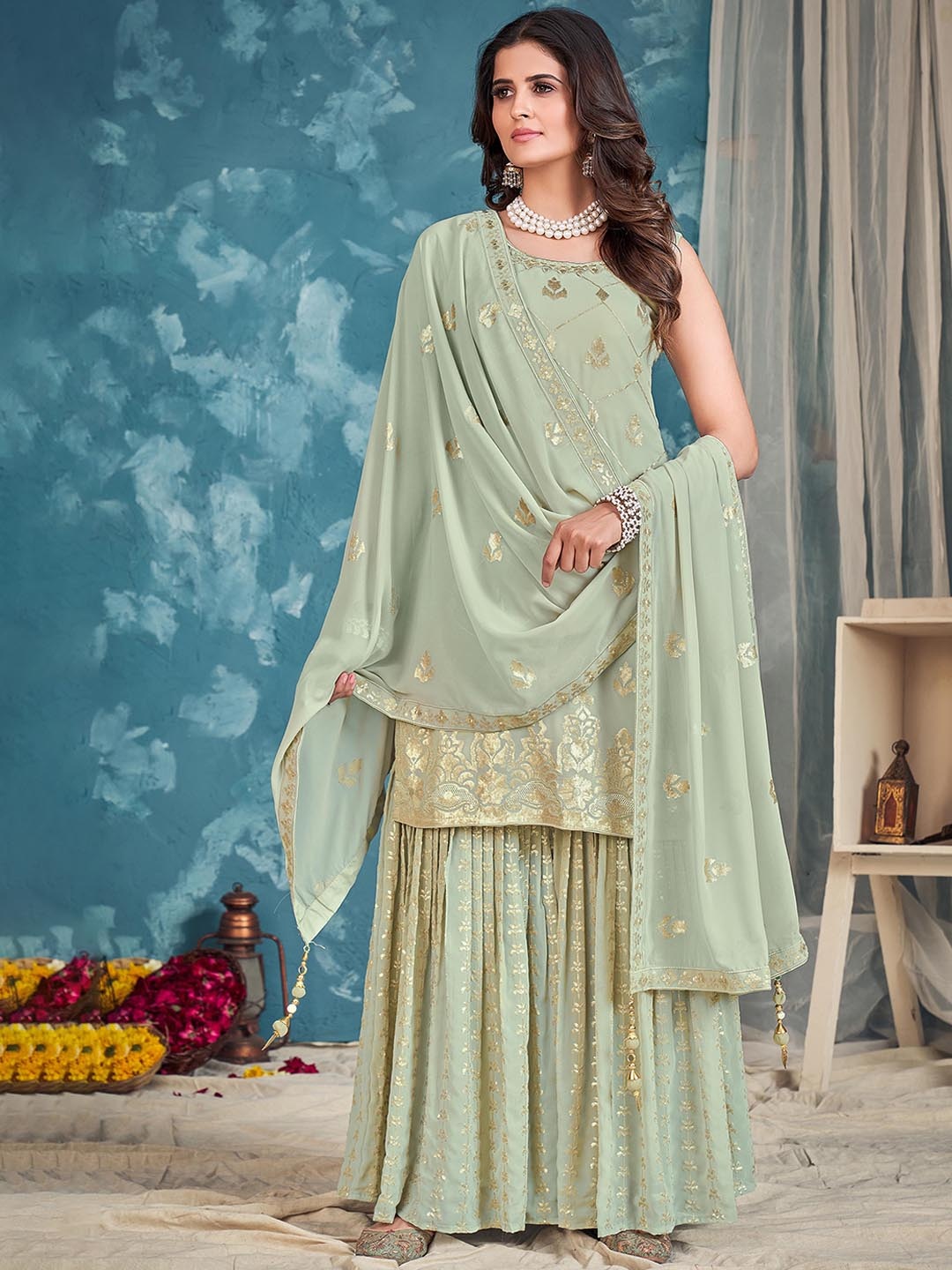 

DRESSTIVE Ethnic Motifs Embroidered Sequinned Kurta & Sharara With Dupatta, Green