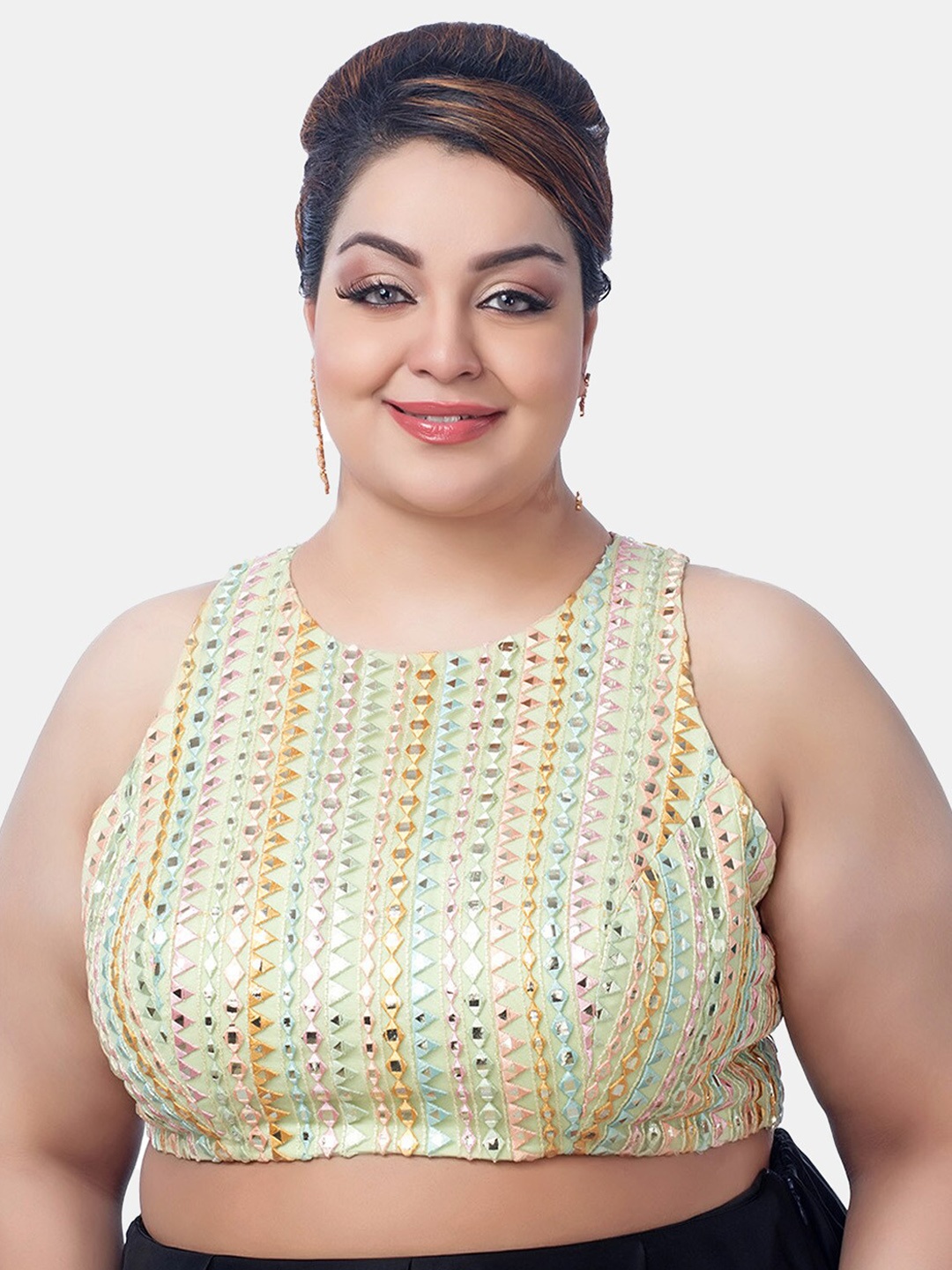 

neckbook Plus Size Embroidered Mirror Work Sleeveless Silk Saree Blouse, Green