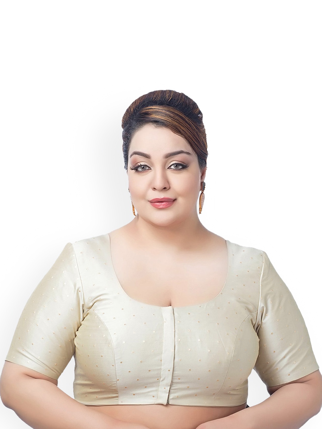 

neckbook Plus Size Foil Printed Silk Saree Blouse, Cream