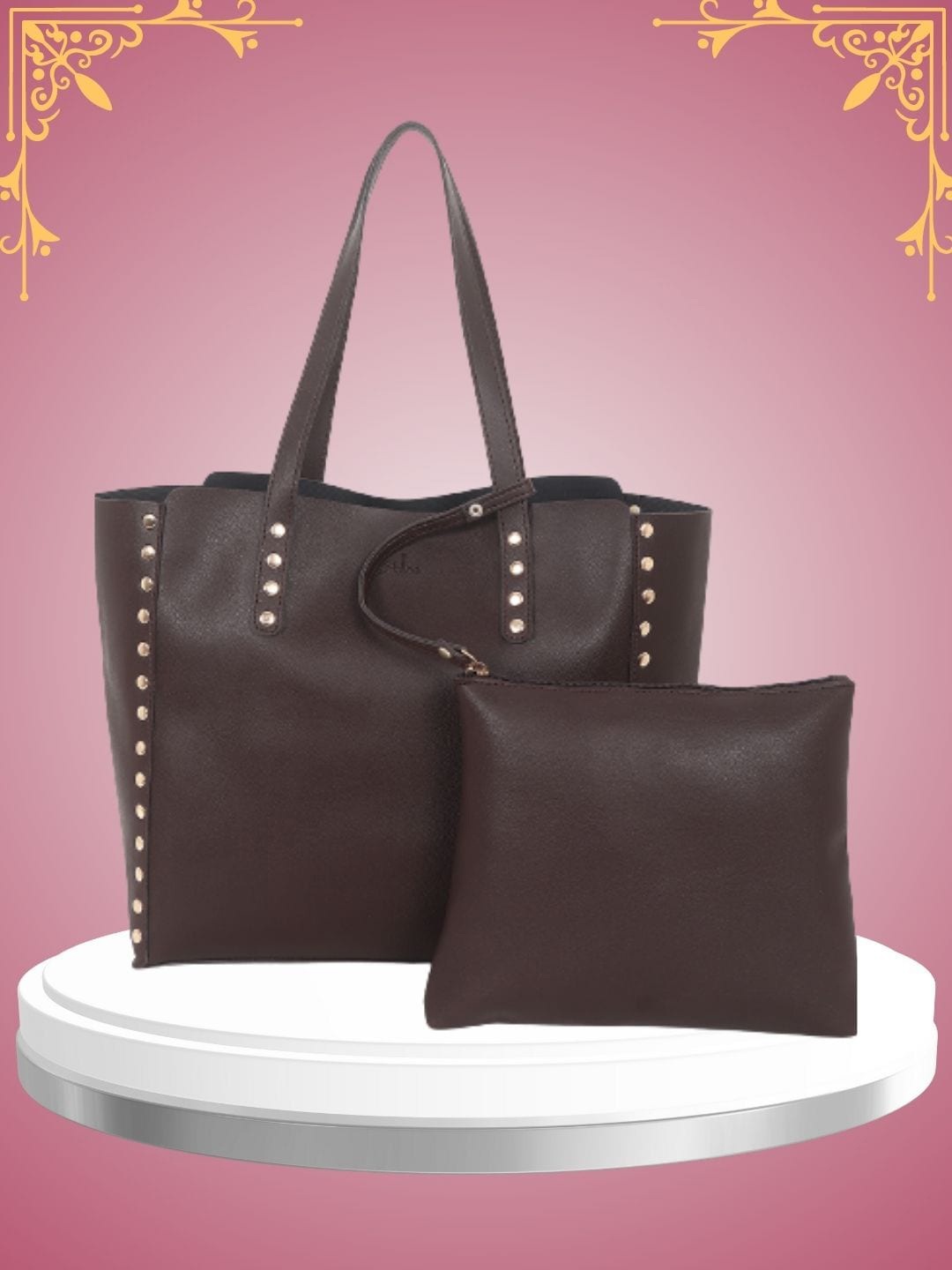 

yelloe Women Brown Embellished Solid Tote Bag with pouch