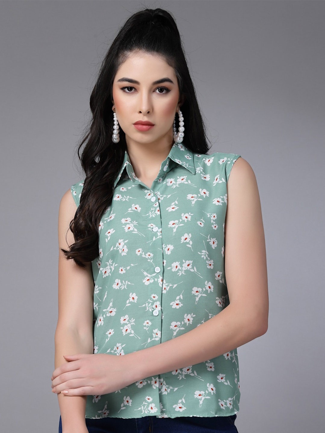 

Oomph! Standard Floral Printed Sleeveless Casual Shirt, Sea green