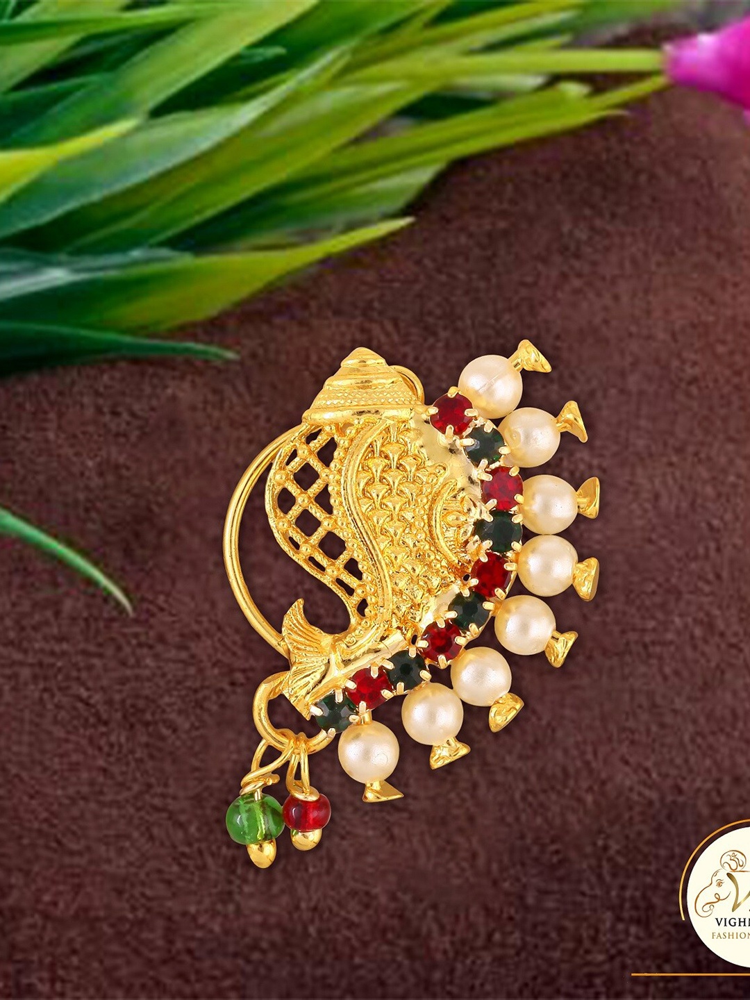 

Vighnaharta Gold-Plated Stone-Studded & Beaded Nosepin