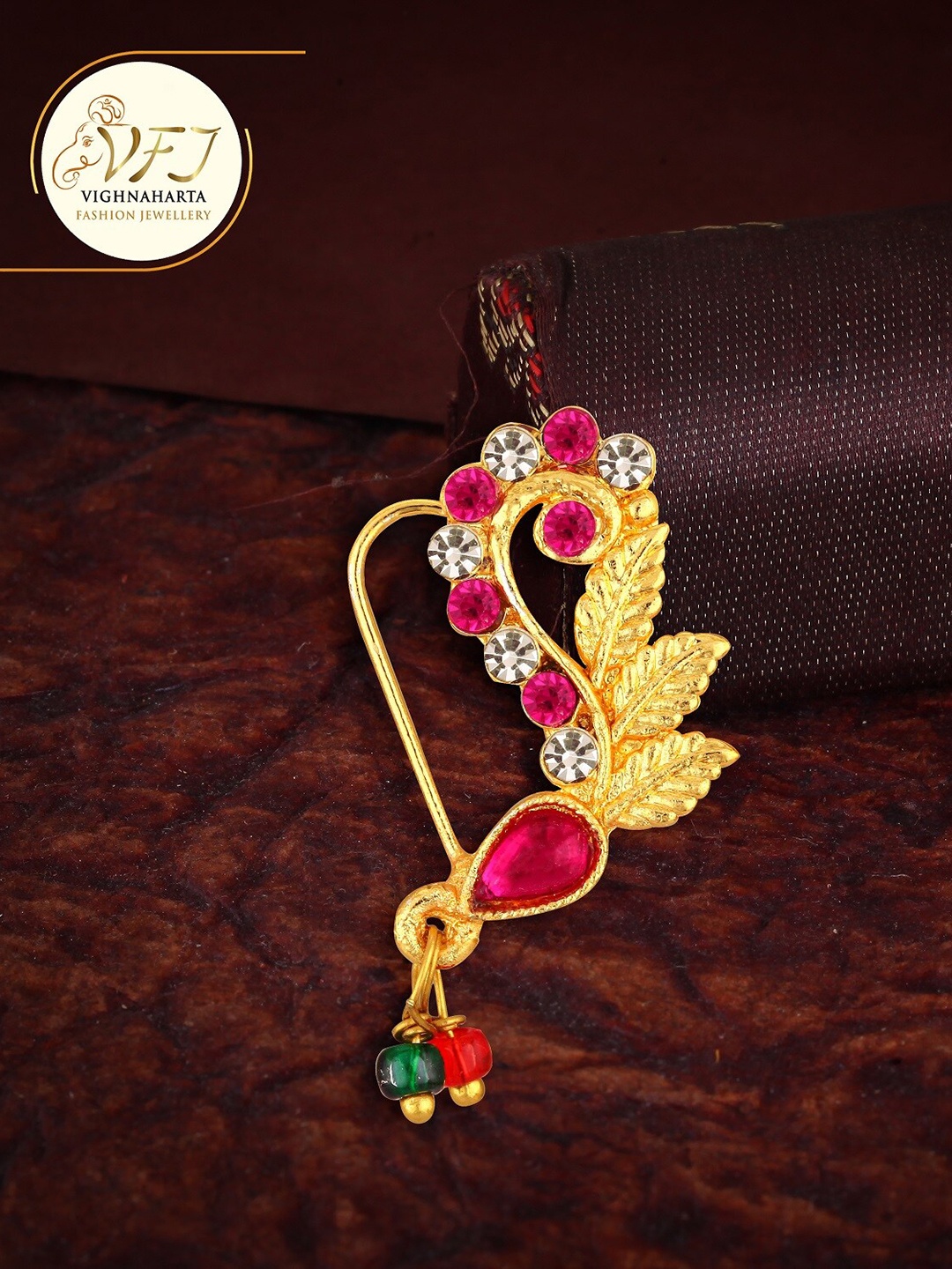 

Vighnaharta Gold-Plated Stone-Studded & Beaded Nosepin