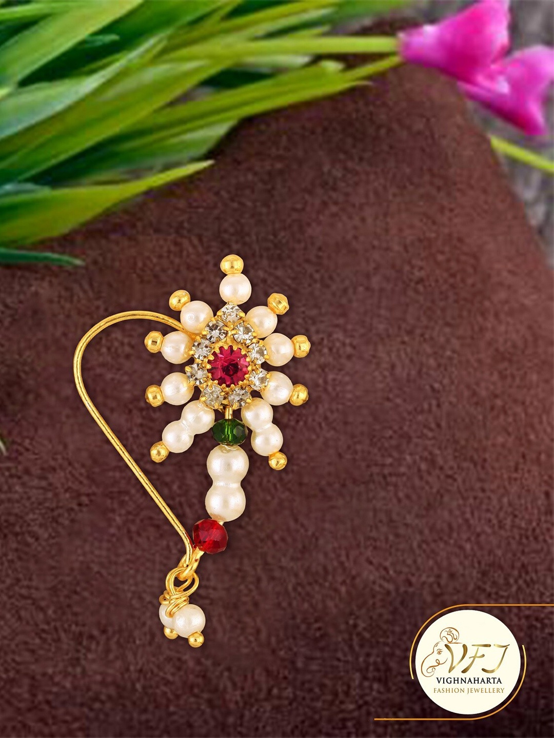 

Vighnaharta Gold-Plated Stone-Studded & Beaded Nosepin