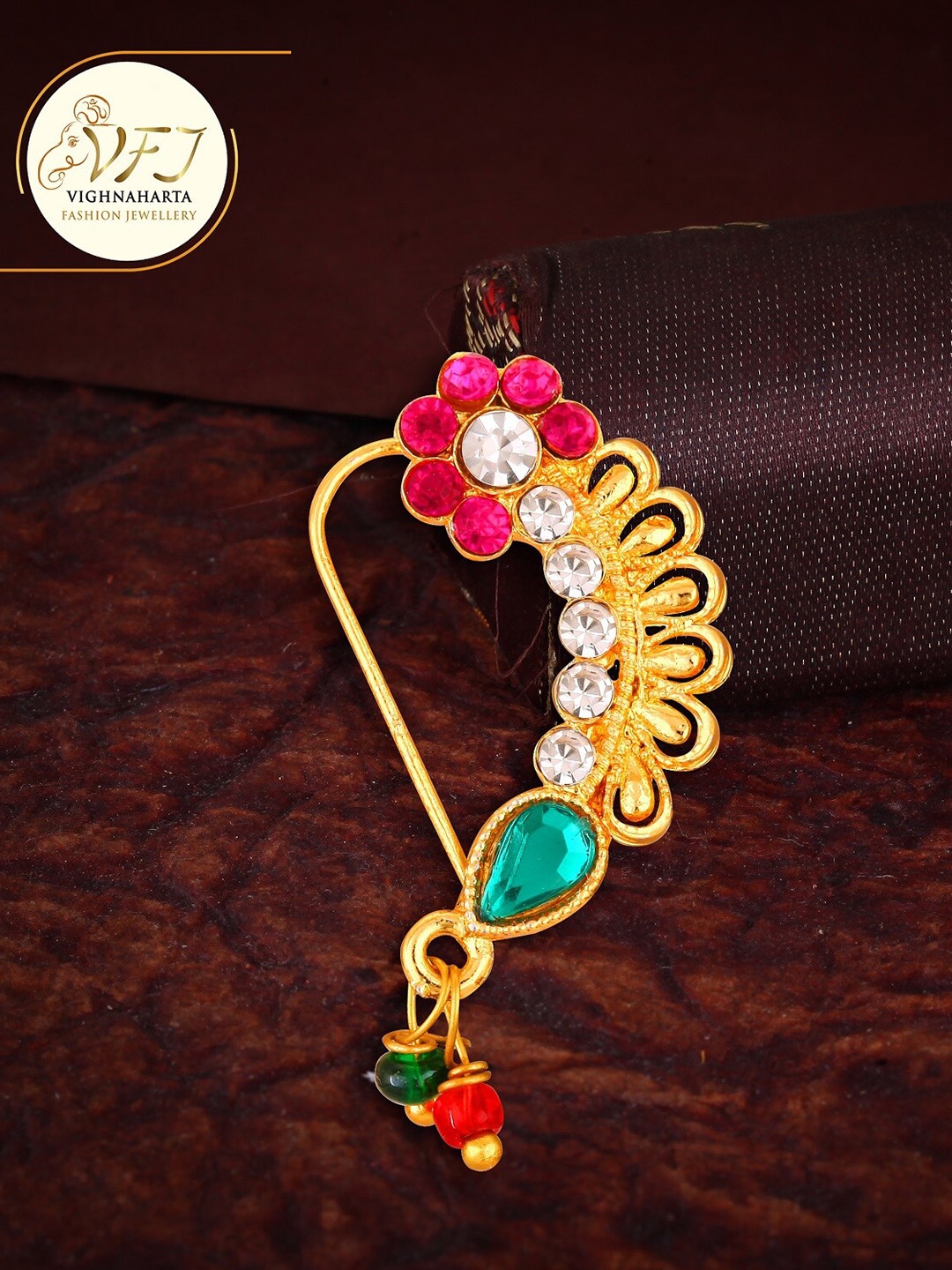 

Vighnaharta Gold-Plated Stone-Studded & Beaded Nosepin