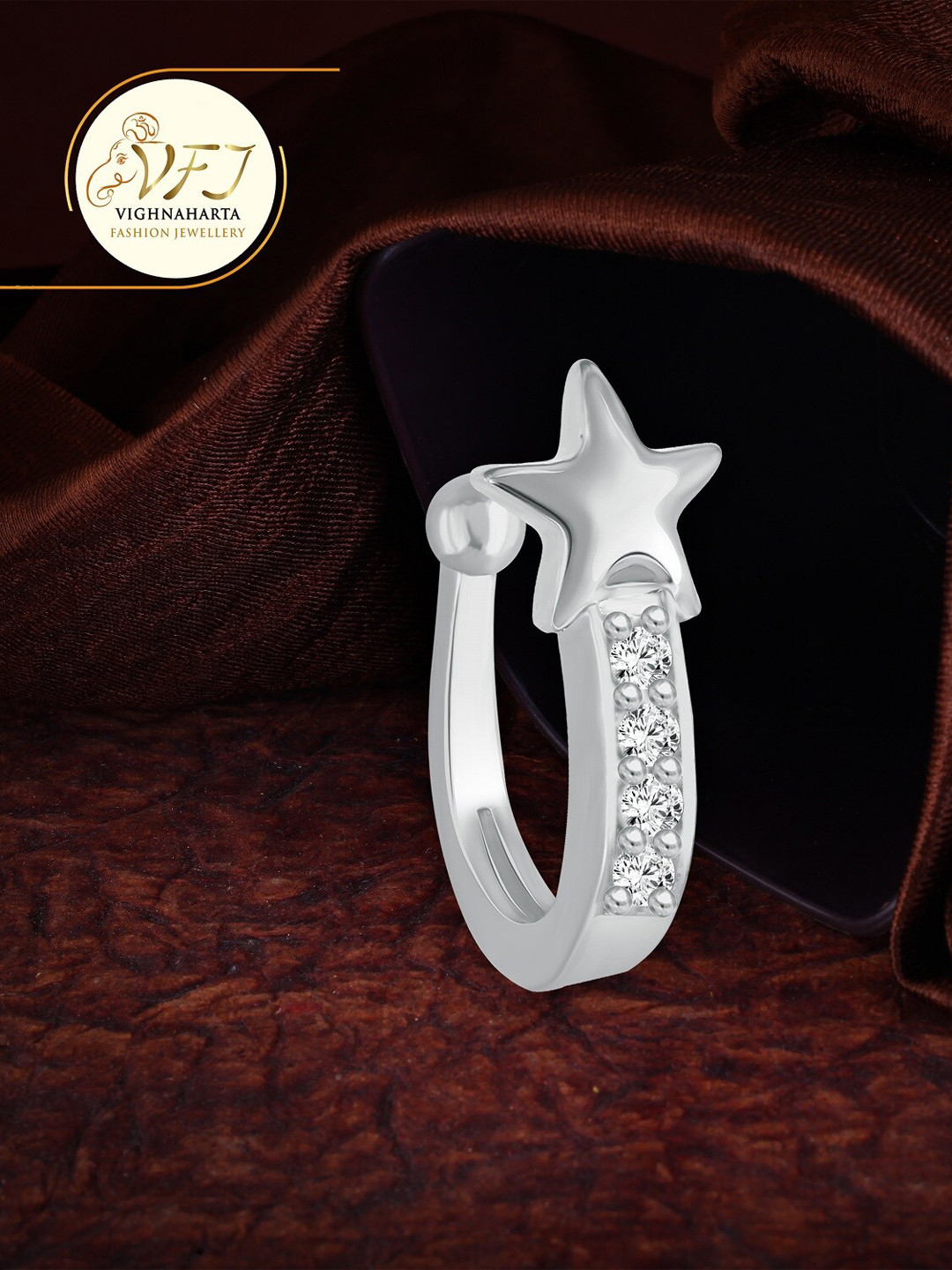 

Vighnaharta Rhodium-Plated Cubic Zirconia-Studded Nosepin, Silver