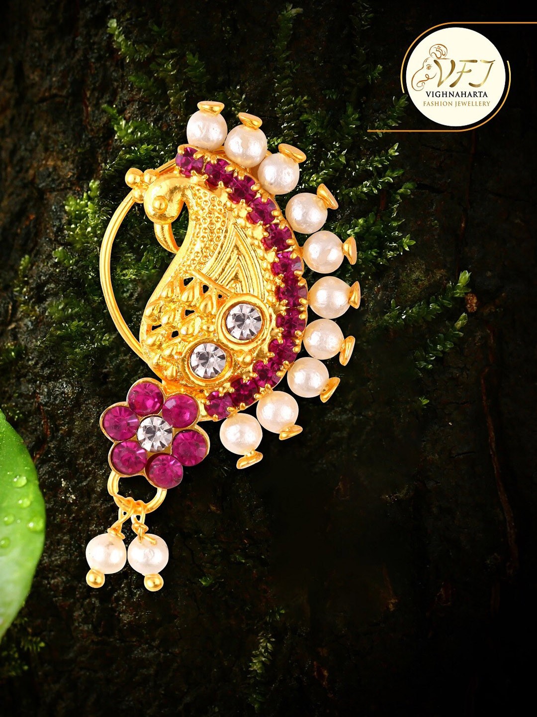 

Vighnaharta Gold-Plated Stone-Studded & Beaded Nosepin
