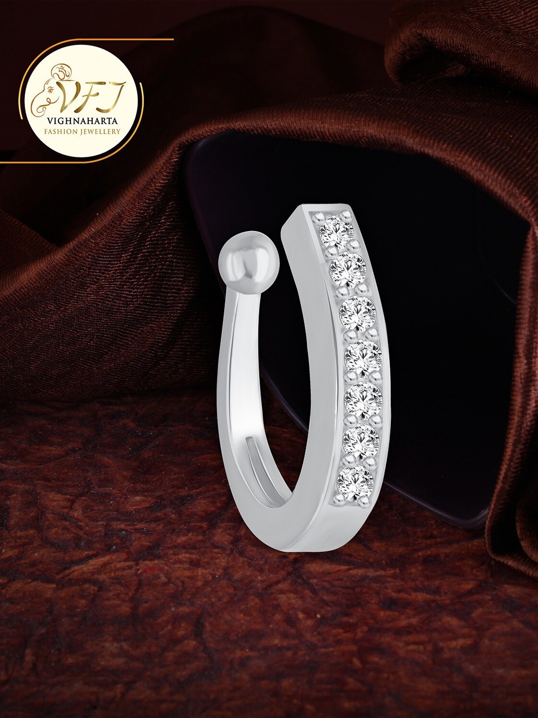 

Vighnaharta Rhodium Plated Cubic Zirconia Studded Nosepin, Silver