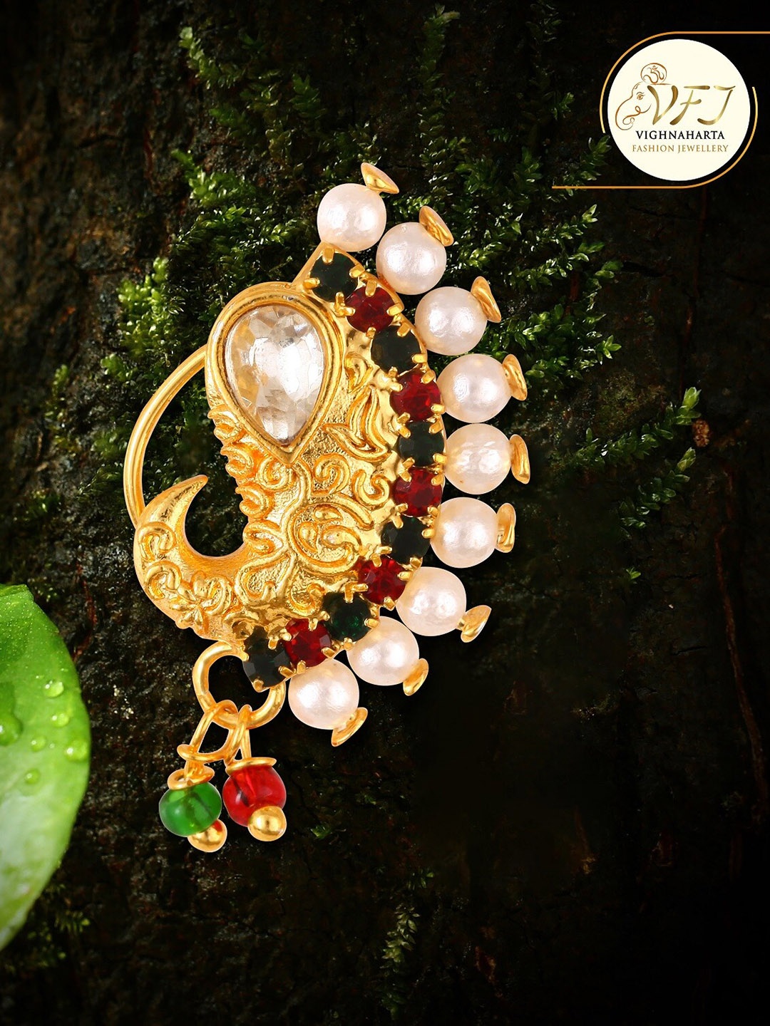 

Vighnaharta Gold-Plated Stone-Studded & Beaded Nosepin