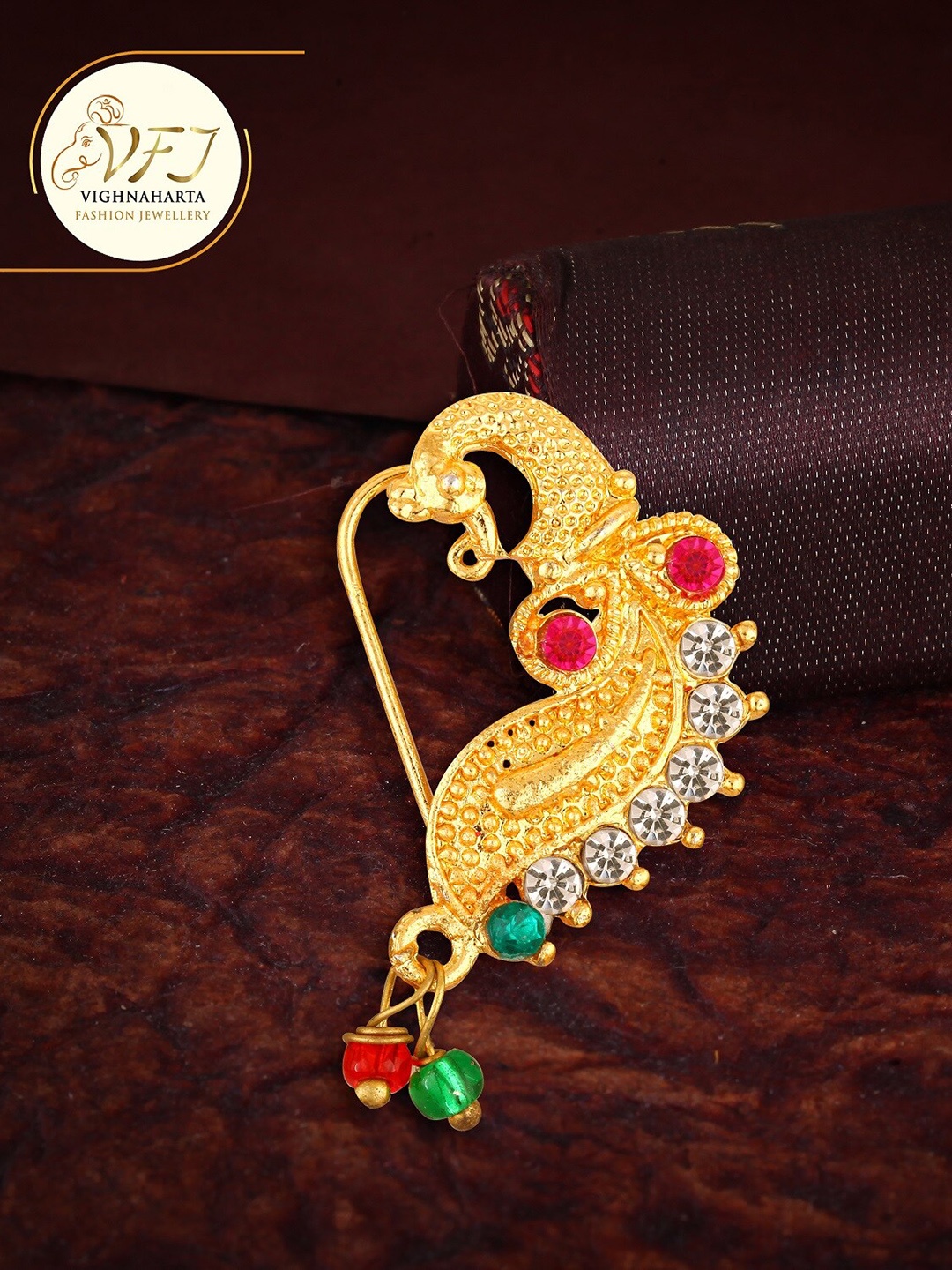 

Vighnaharta Gold-Plated CZ-Studded Clip-On Nosepin