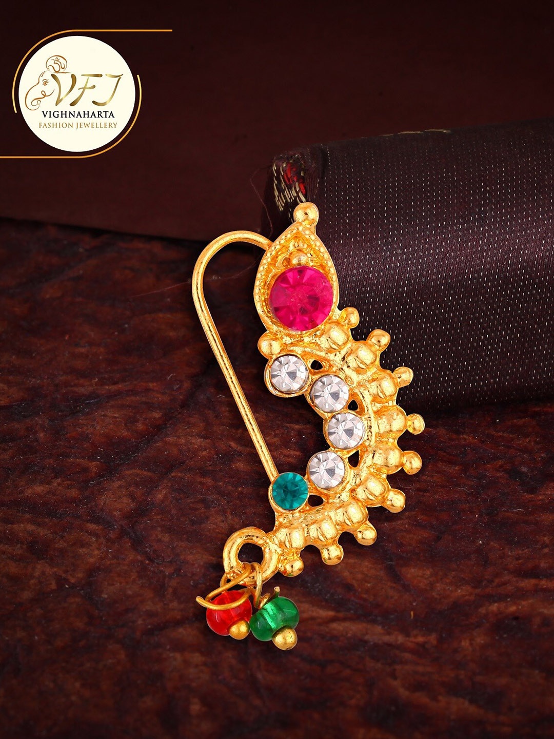 

Vighnaharta Gold-Plated Artificial Stone & Beads Studded Nosepin