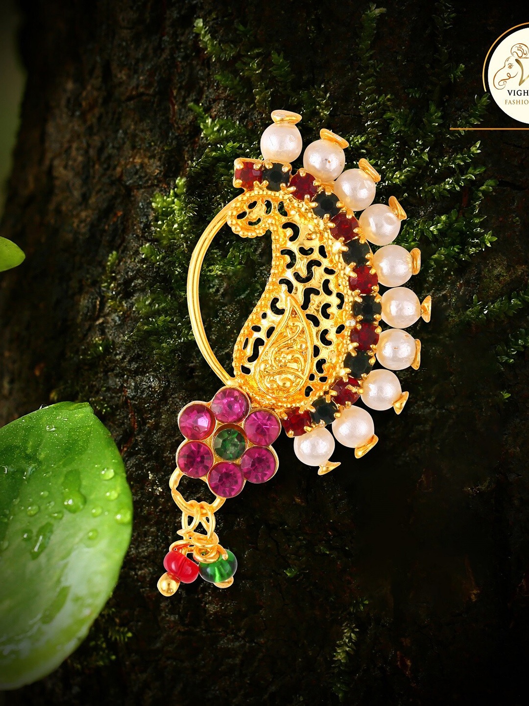 

Vighnaharta Gold-Plated & Beaded Nosepin