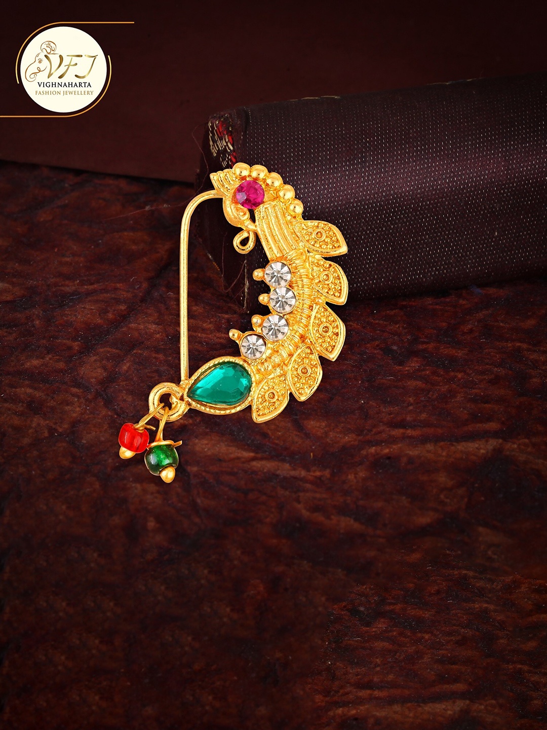 

Vighnaharta Gold-Plated Stone-Studded & Beaded Nosepin