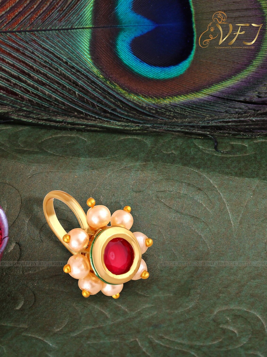 

Vighnaharta Gold-Plated Artificial Beads-Studded Nosepin