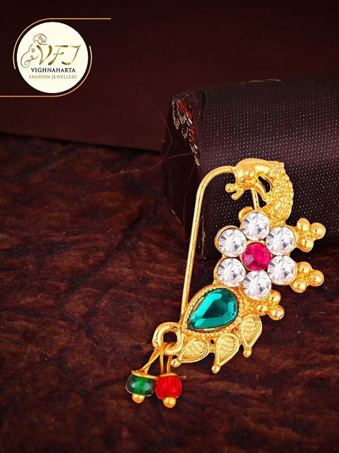 

Vighnaharta Gold-Plated Artificial Beads-Studded Insert Nosepin