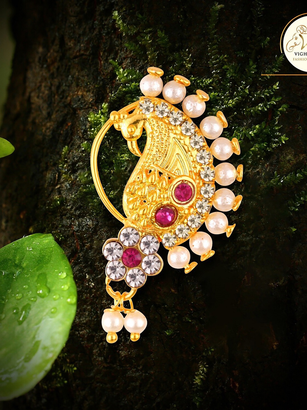 

Vighnaharta Gold-Plated Stone-Studded & Beaded Nosepin