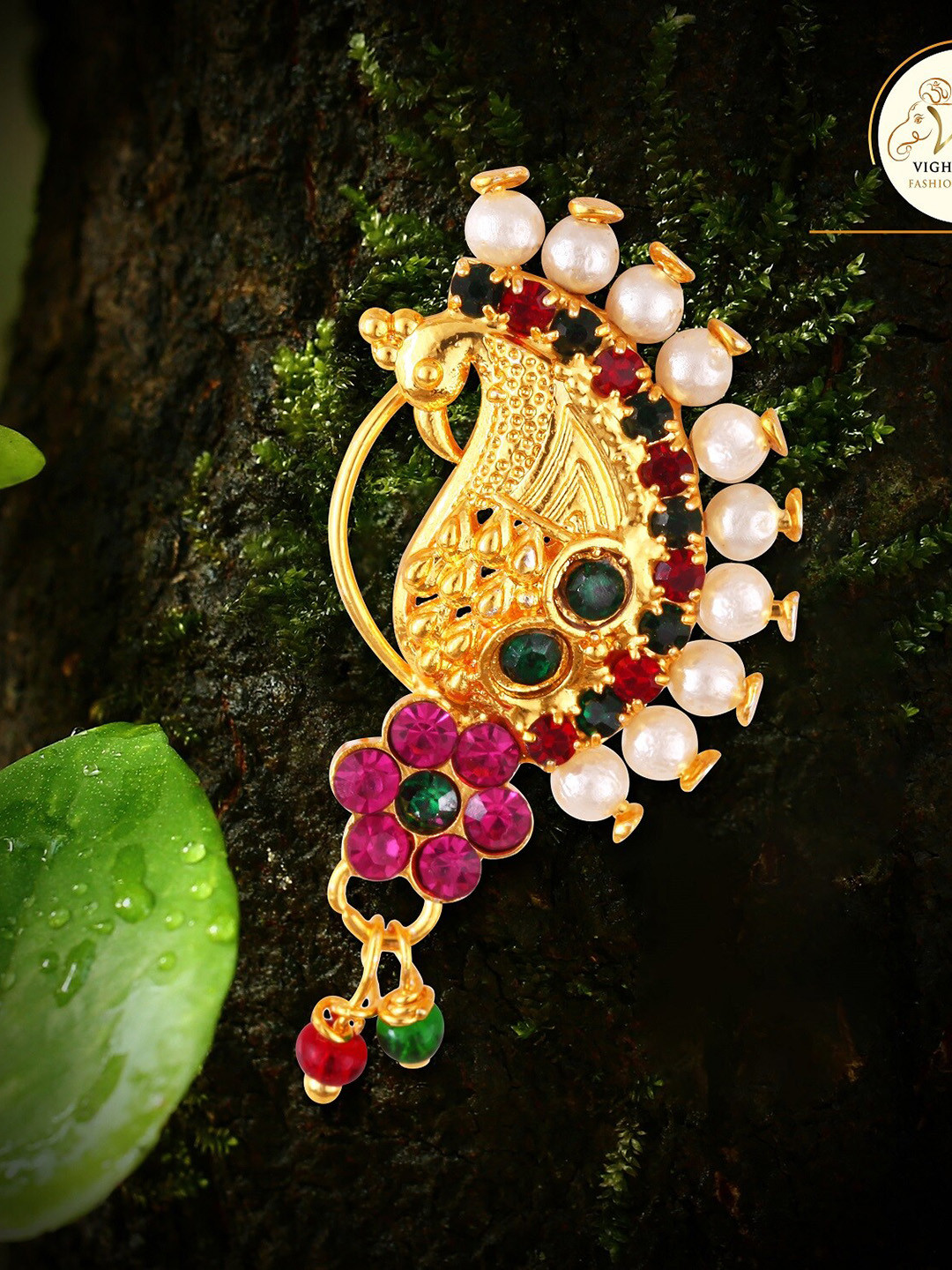

Vighnaharta Gold-Plated Stone-Studded & Beaded Nosepin