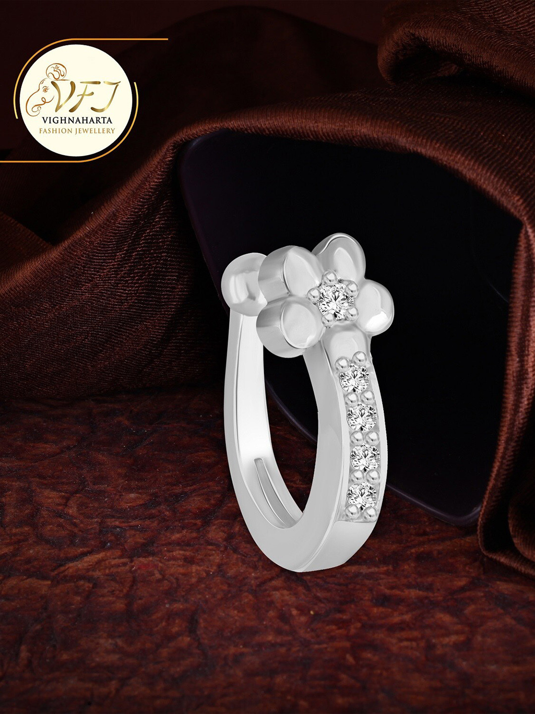 

Vighnaharta Rhodium-Plated & CZ-Studded Nosepin, Silver