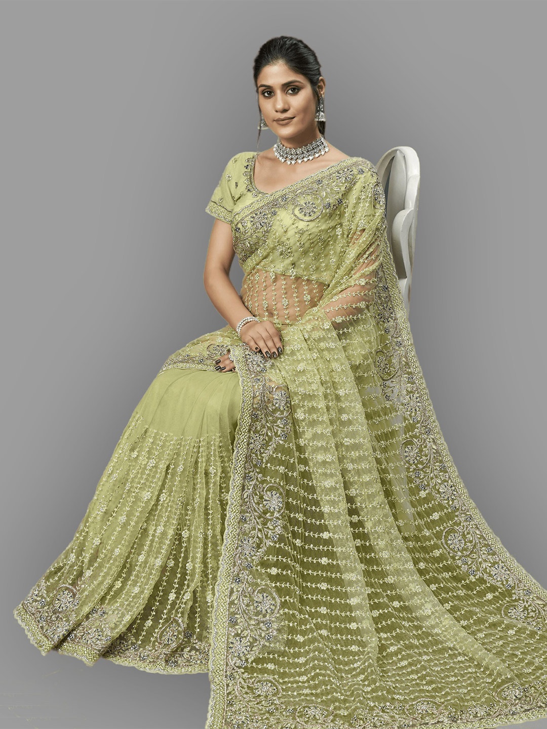 

HASRI Green & Silver-Toned Embellished Embroidered Net Saree