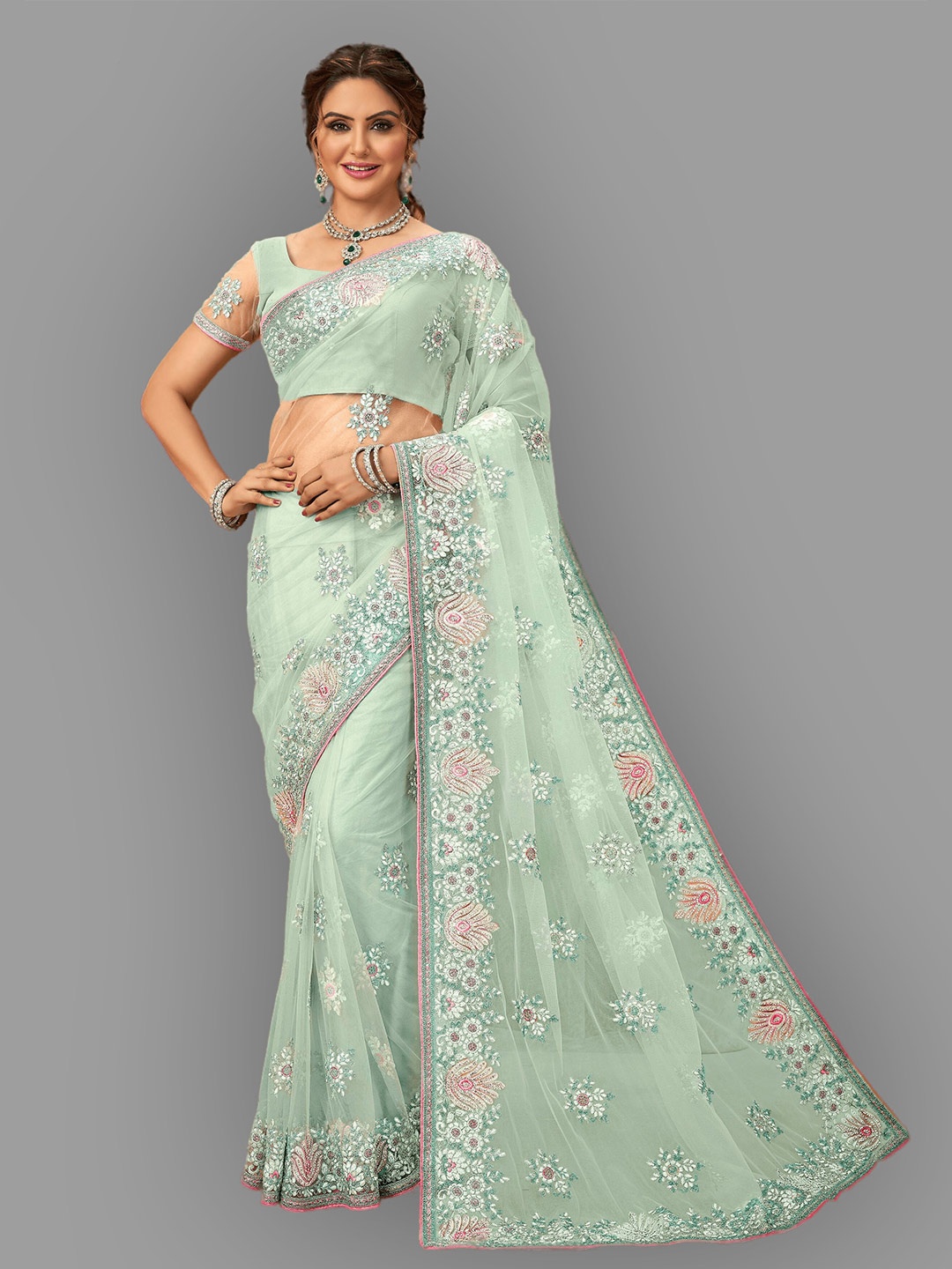 

HASRI Floral Embroidered Net Saree, Green