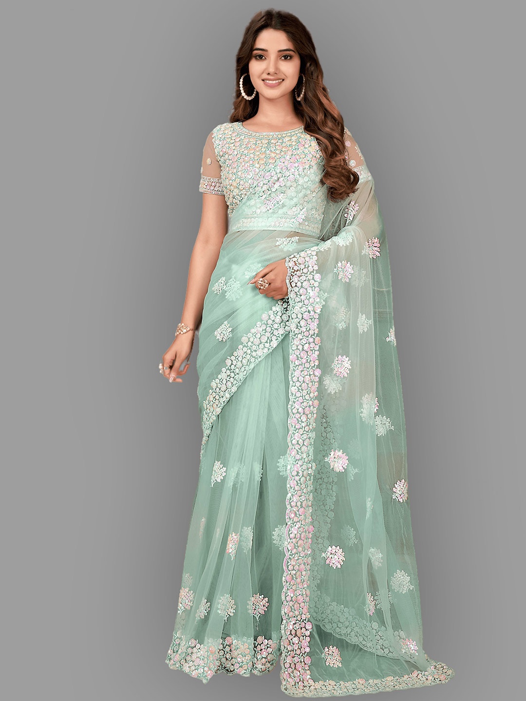 

HASRI Sequin Embellished Net Saree, Green