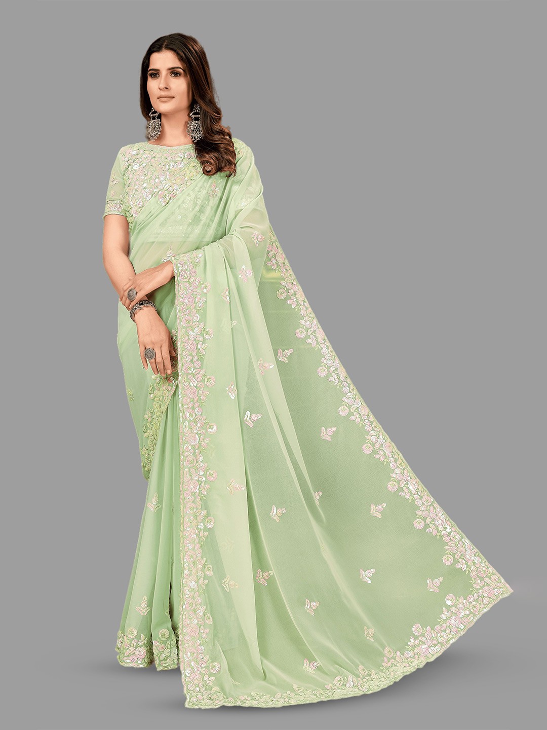 

HASRI Sequin Embellished Pure Georgette Saree, Green