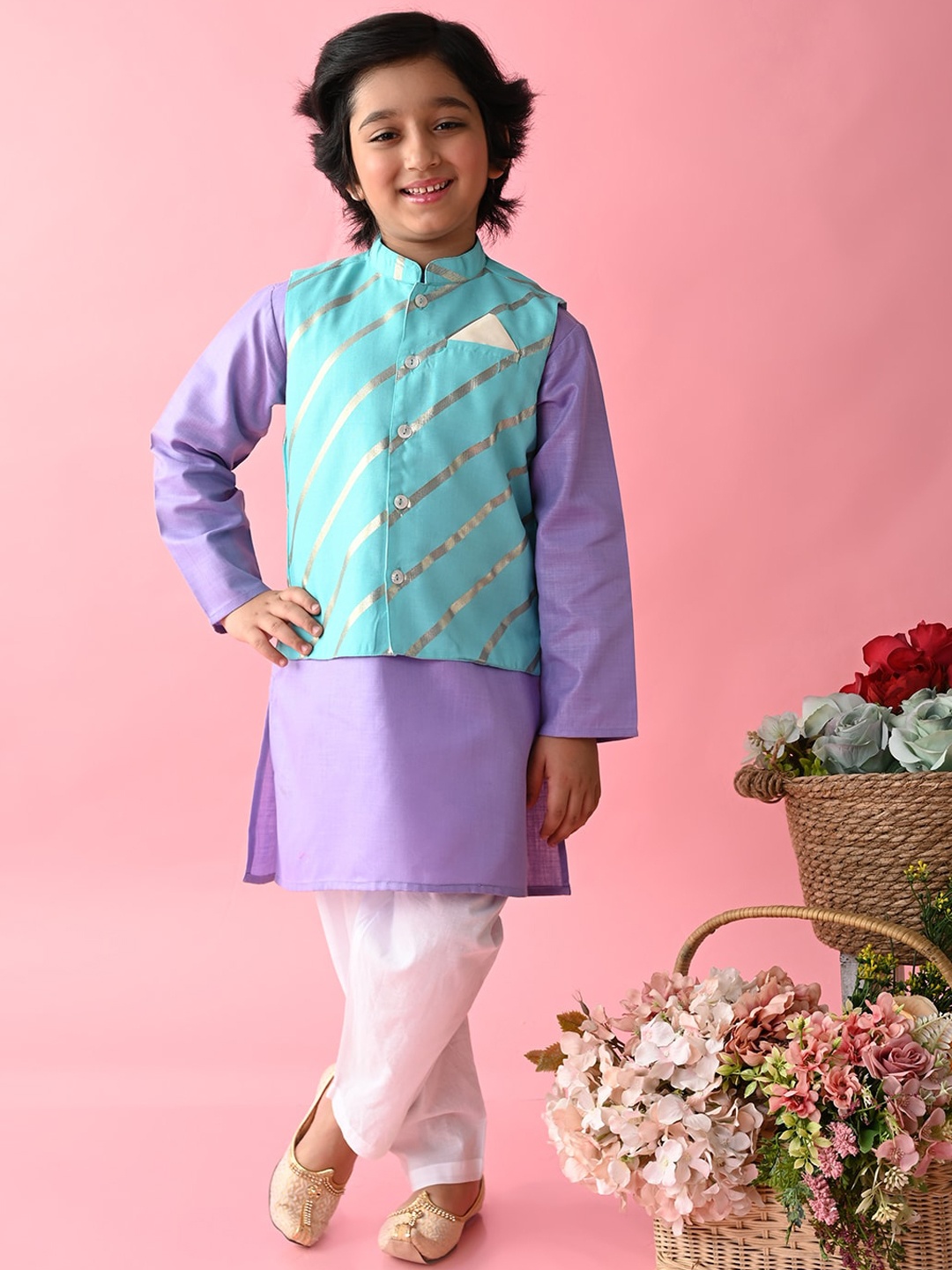 

SAKA DESIGNS Boys Pure Cotton Kurta With Pyjamas & Nehru Jacket, Purple