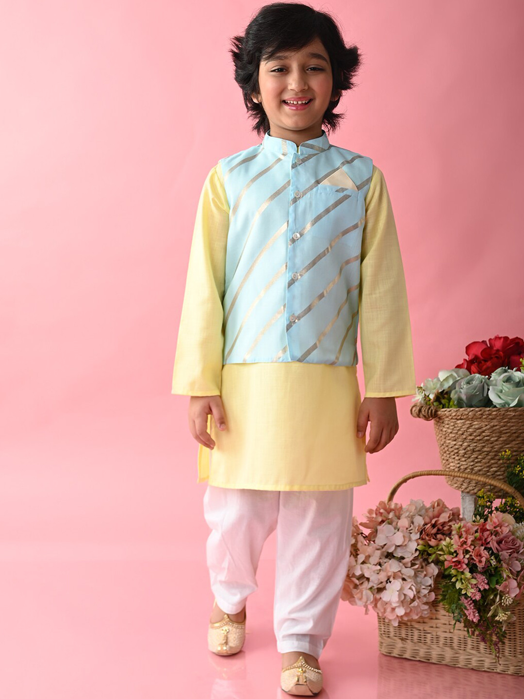 

SAKA DESIGNS Boys Pure Cotton Kurta with Pyjamas & Nehru Jacket, Yellow