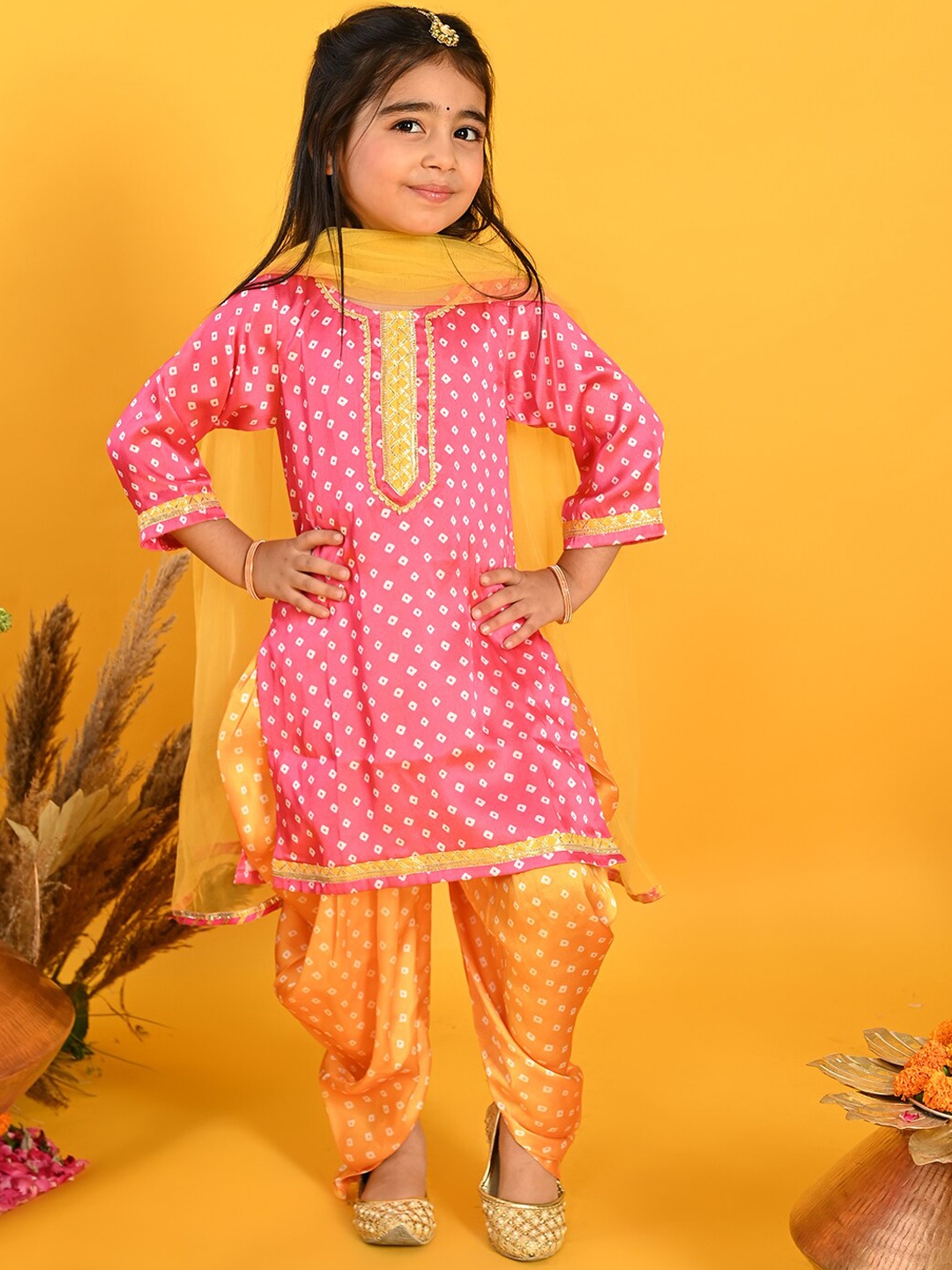 

SAKA DESIGNS Girls Bandhani Printed Satin Kurta with Dhoti Pants & Dupatta, Pink