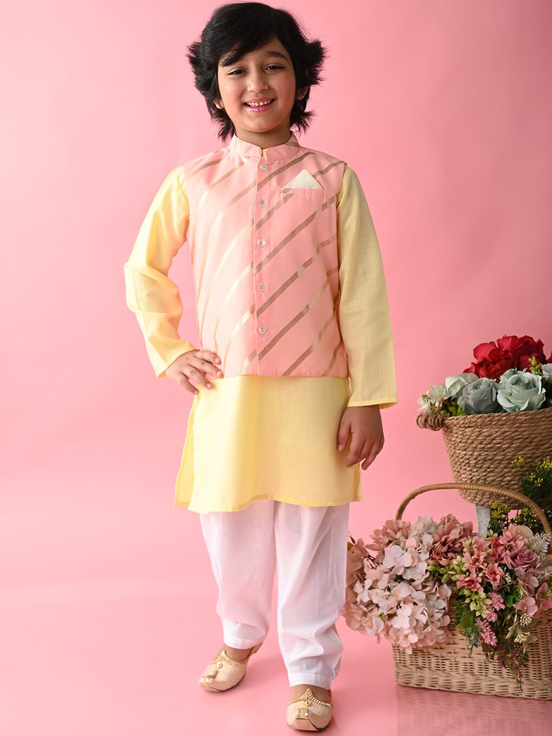 

SAKA DESIGNS Boys Pure Cotton Kurta with Pyjamas & Nehru jacket, Pink