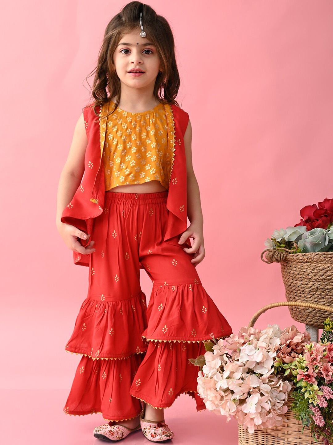 

SAKA DESIGNS Girls Ethnic Motifs Printed Kurta with Sharara & Jacket, Red
