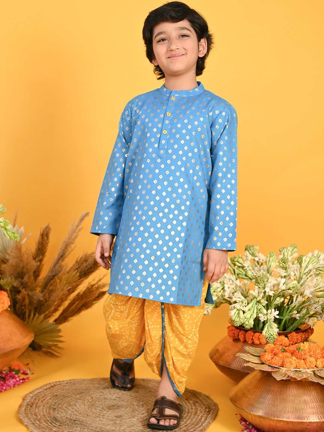 

SAKA DESIGNS Boys Ethnic Motifs Printed Pure Cotton Kurta With Dhoti Pants, Blue