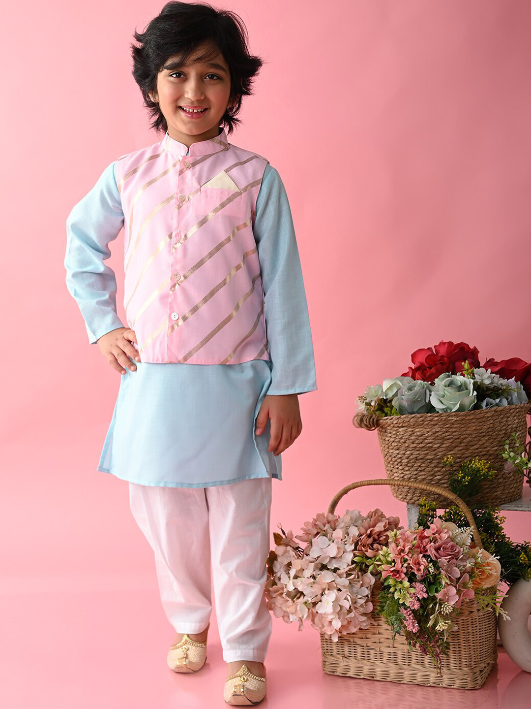 

SAKA DESIGNS Boy Long Sleeves Pure Cotton Kurta & Pyjamas With Jacket, Blue