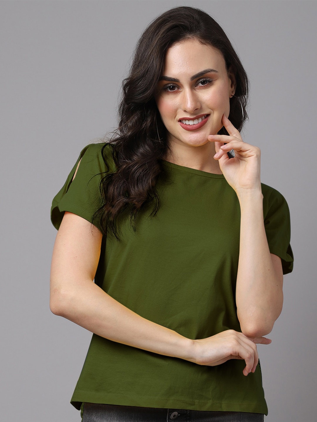 

Friskers Round Neck Pure Cotton Top, Olive