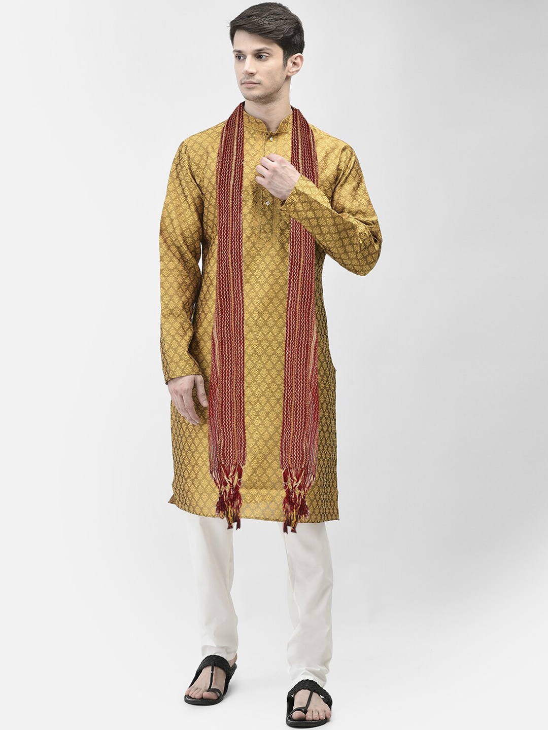 

SG LEMAN Woven Design Mandarin Collar Thread Work Raw Silk Kurta with Pyjamas & Dupatta, Yellow