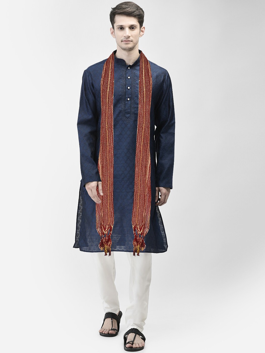 

SG LEMAN Woven Design Mandarin Collar Thread Work Raw Silk Kurta with Pyjamas & Dupatta, Navy blue
