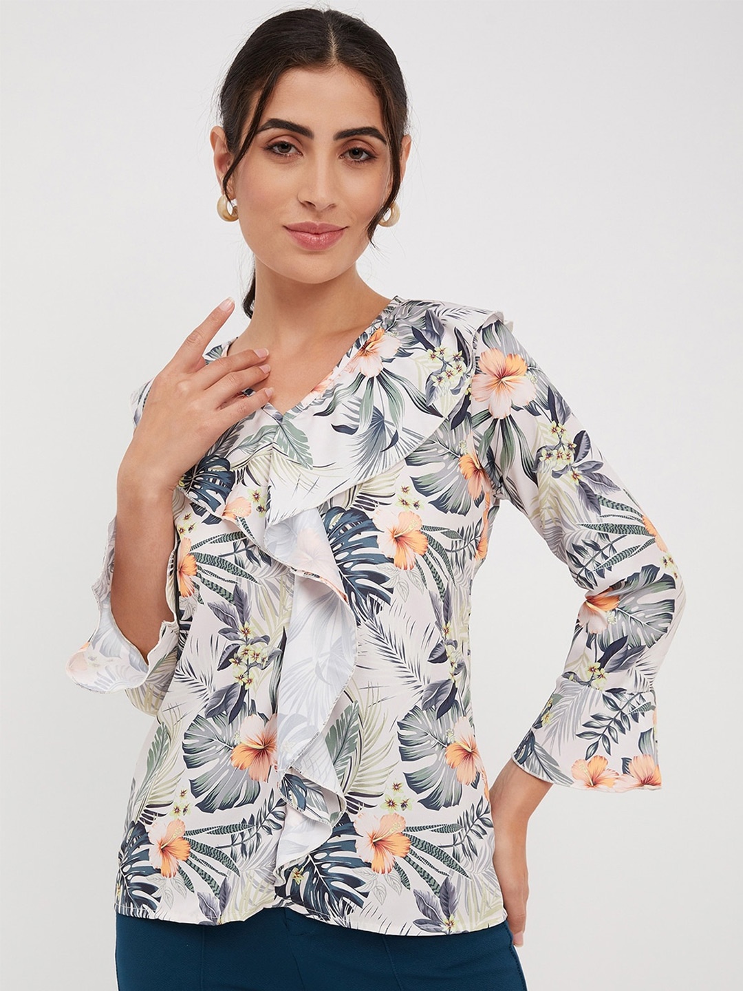 

BRINNS Tropical Printed Bell Sleeves Ruffles Detail Top, White