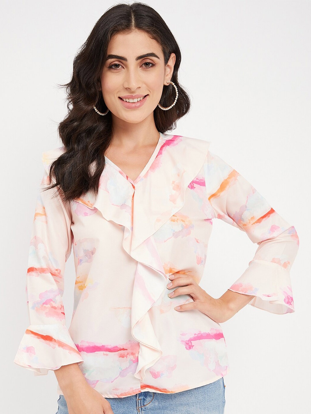 

BRINNS Abstract Printed Bell Sleeve Ruffled Crepe Top, Off white