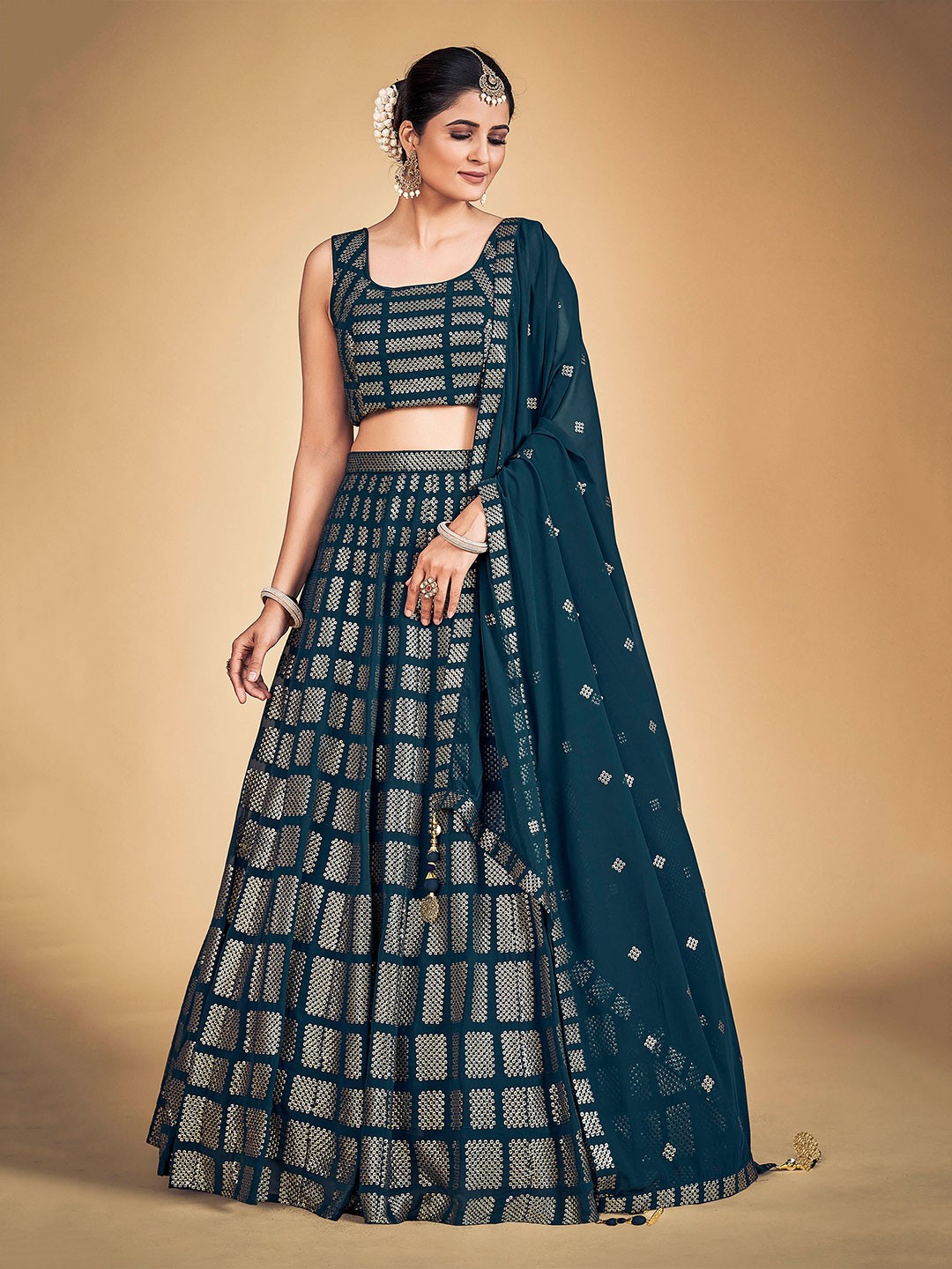 

DRESSTIVE Embroidered Ready to Wear Lehenga & Blouse With Dupatta, Teal