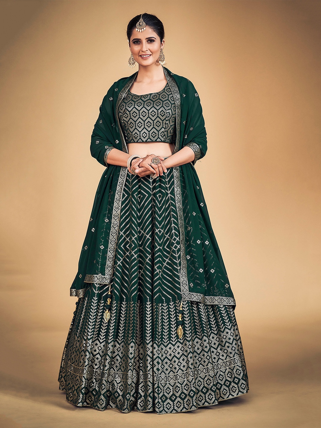 

DRESSTIVE Embroidered Ready to Wear Lehenga & Blouse With Dupatta, Green