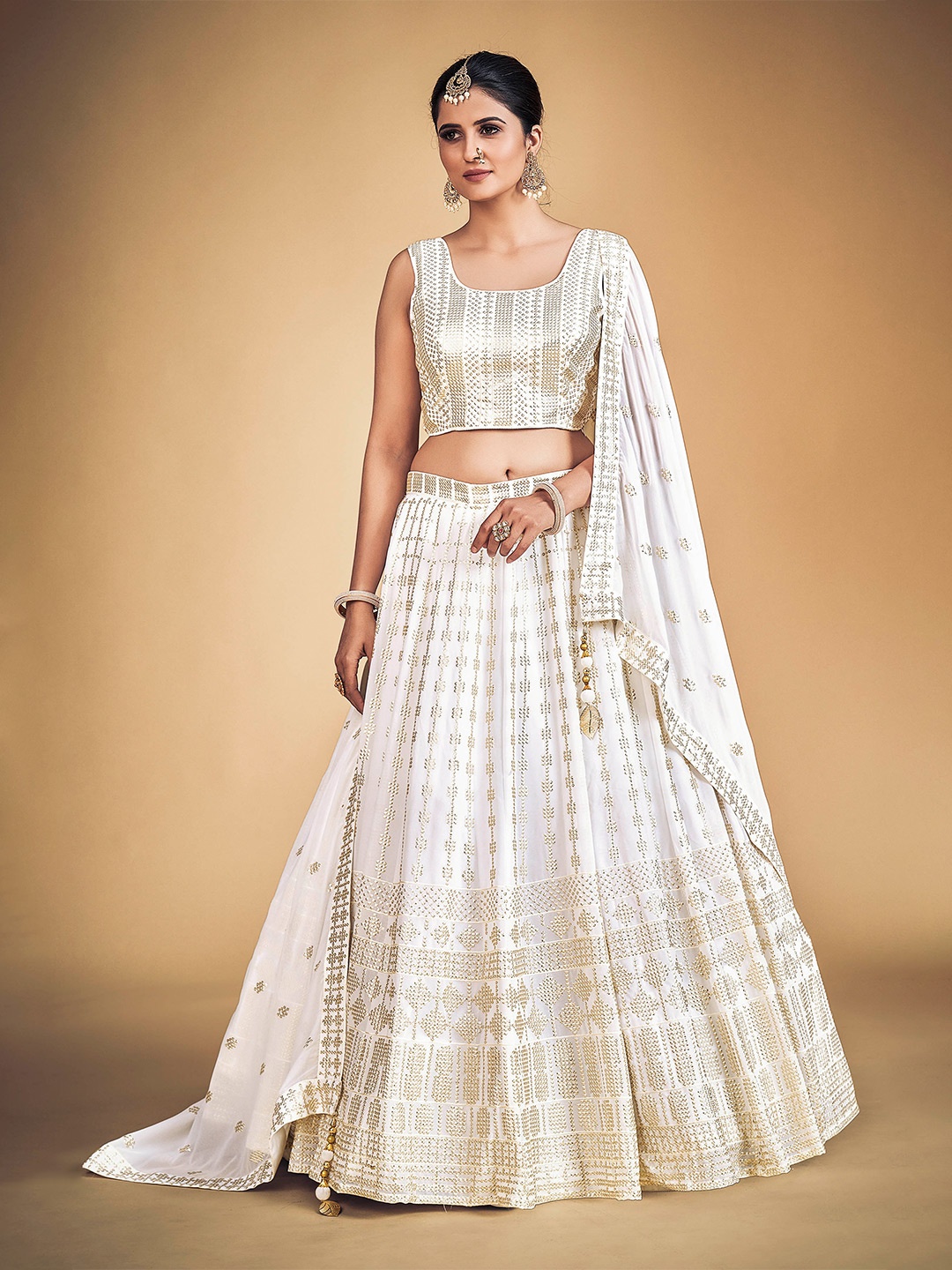 

DRESSTIVE Embellished Ready to Wear Lehenga & Blouse With Dupatta, White