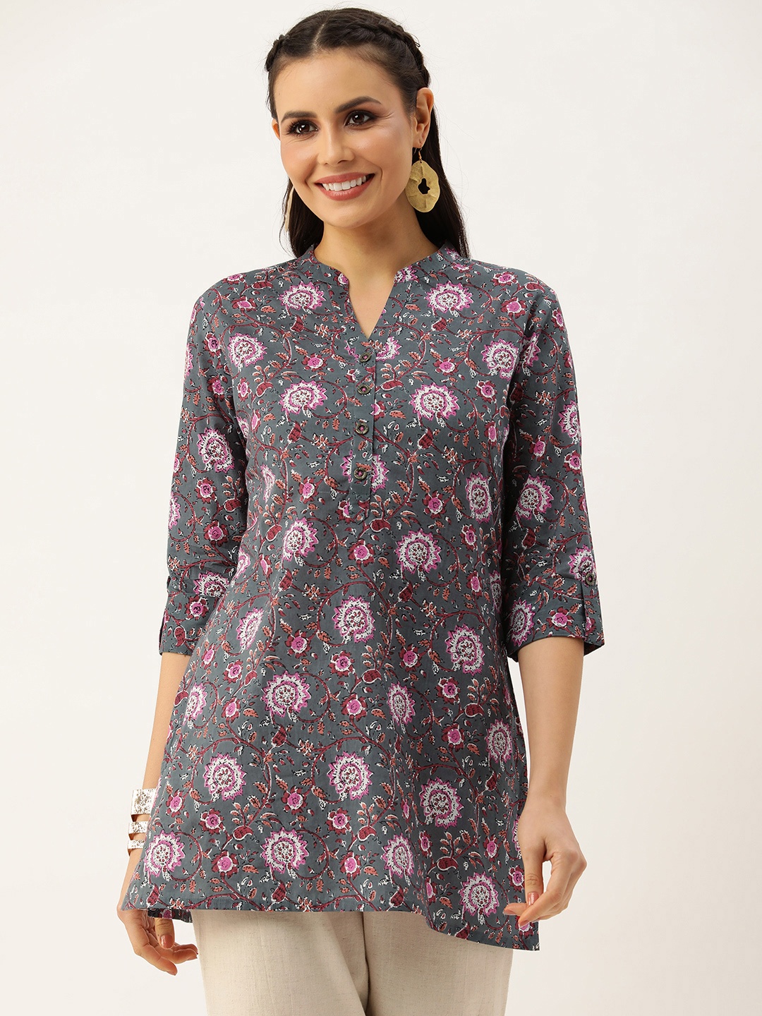 

AMUKTI Floral Print Mandarin Collar Printed Tunic, Grey