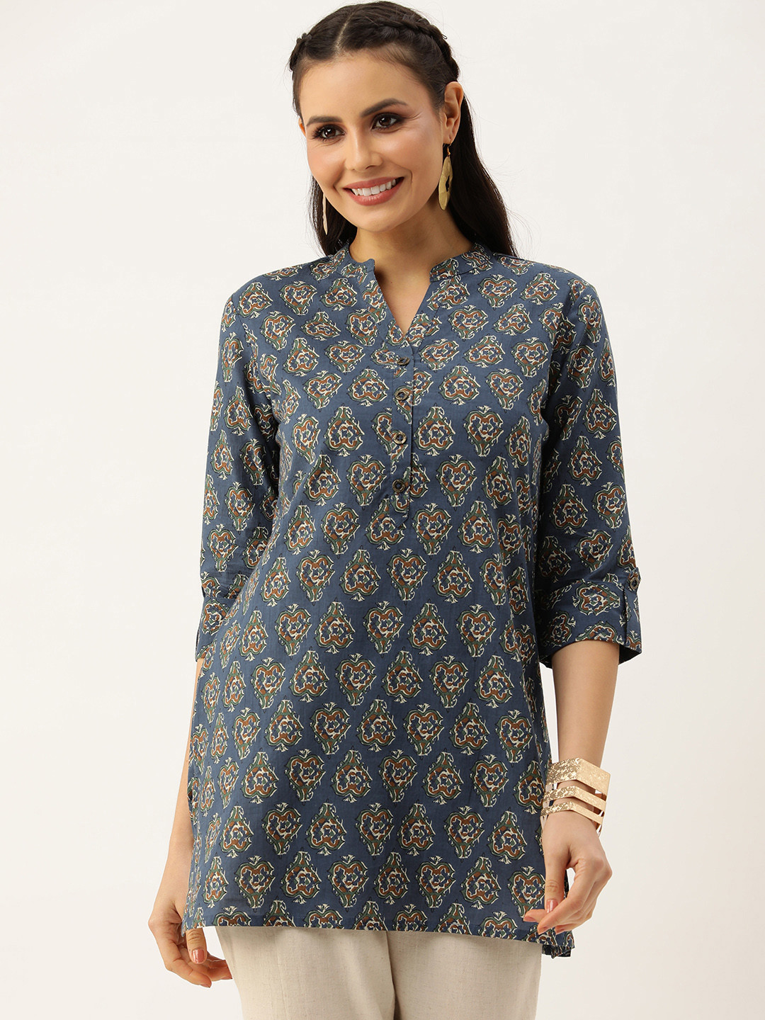 

AMUKTI Ethnic Print Mandarin Collar Printed Ethnic Tunic, Blue