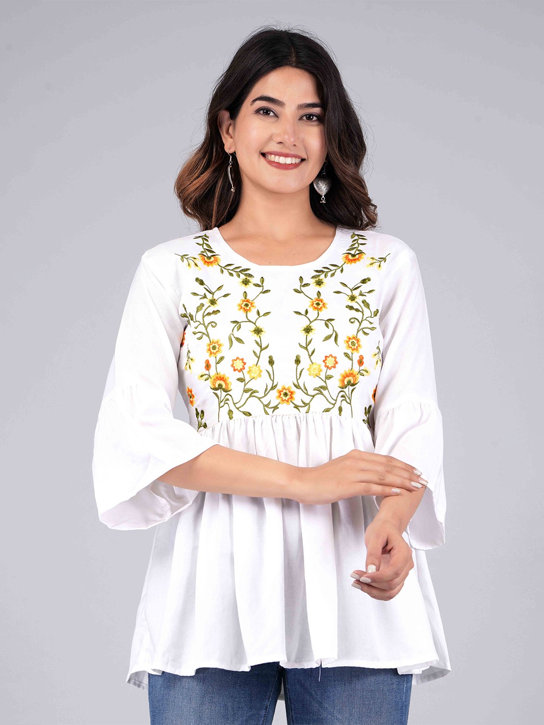 

JAIPUR FASHION MODE Embroidered Bell Sleeves Top, White